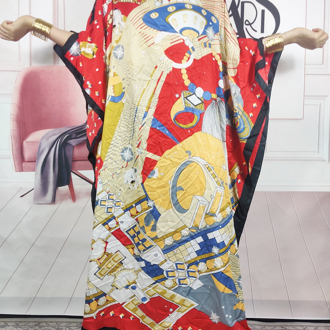 Kuwait Fashion - 2024 Summer Boho Loose Silk Kaftan Maxi Dress Oversized African Muslim Lady Abaya color4 One Size