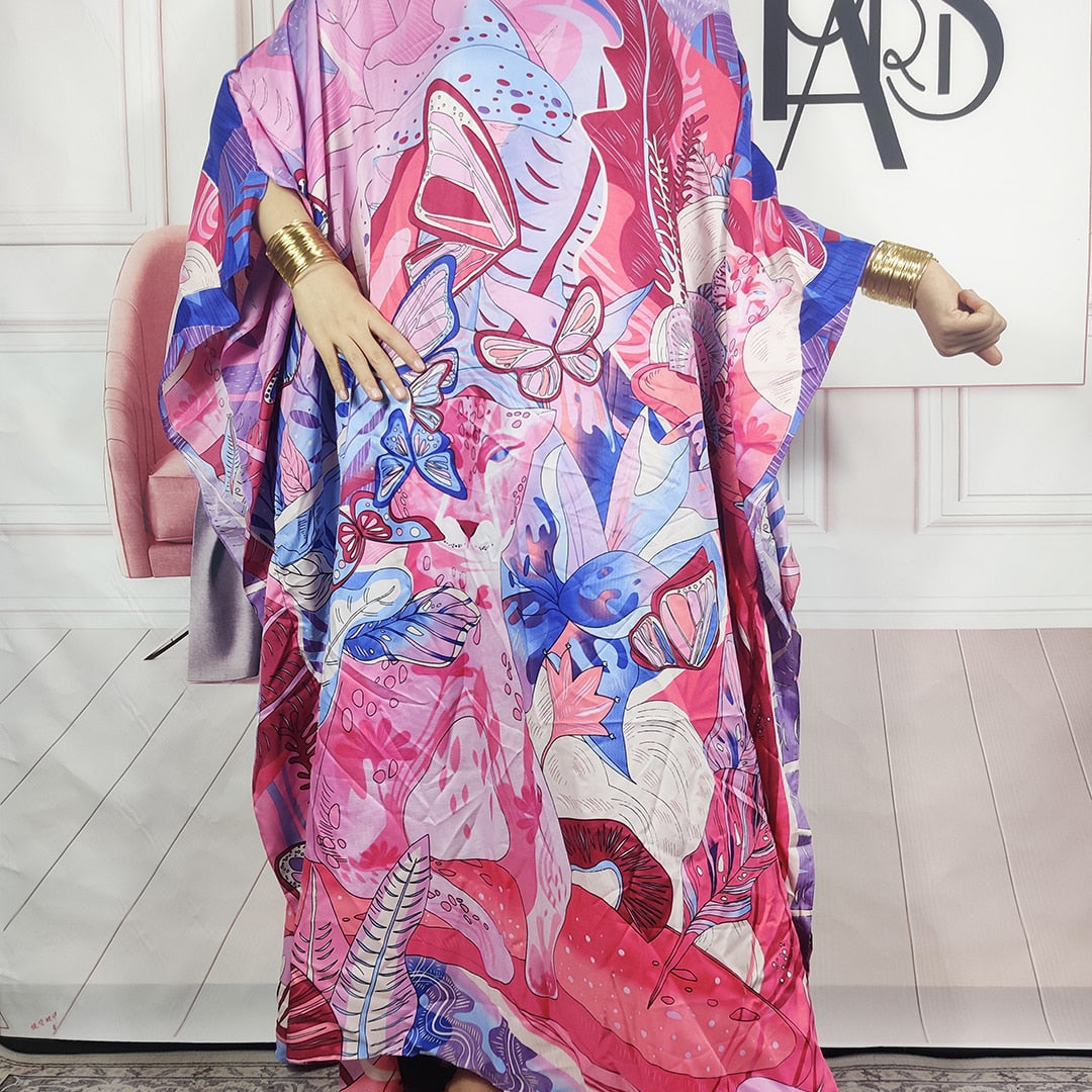 Kuwait Fashion - 2024 Summer Boho Loose Silk Kaftan Maxi Dress Oversized African Muslim Lady Abaya color 5 One Size