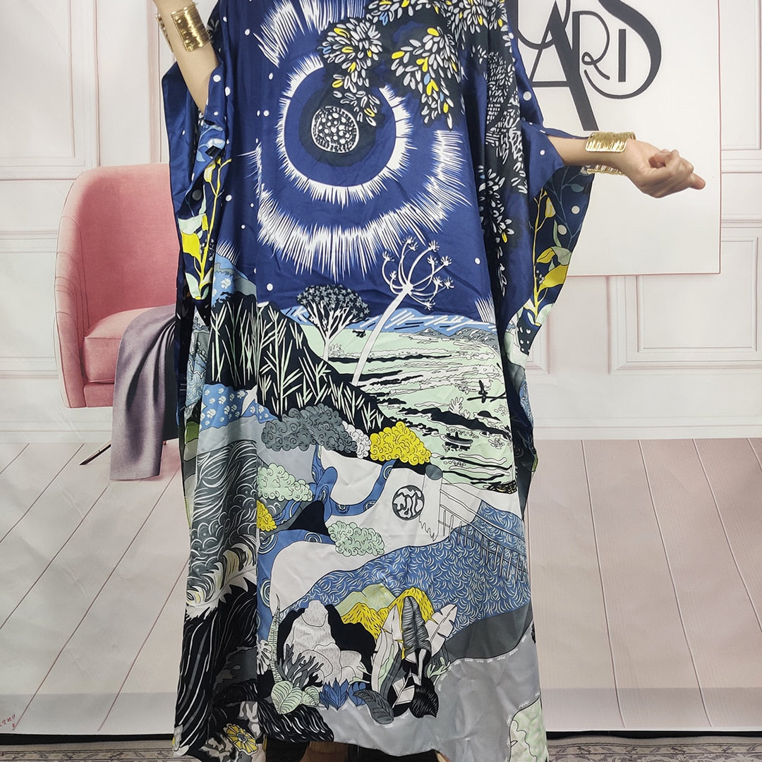 Kuwait Fashion - 2024 Summer Boho Loose Silk Kaftan Maxi Dress Oversized African Muslim Lady Abaya