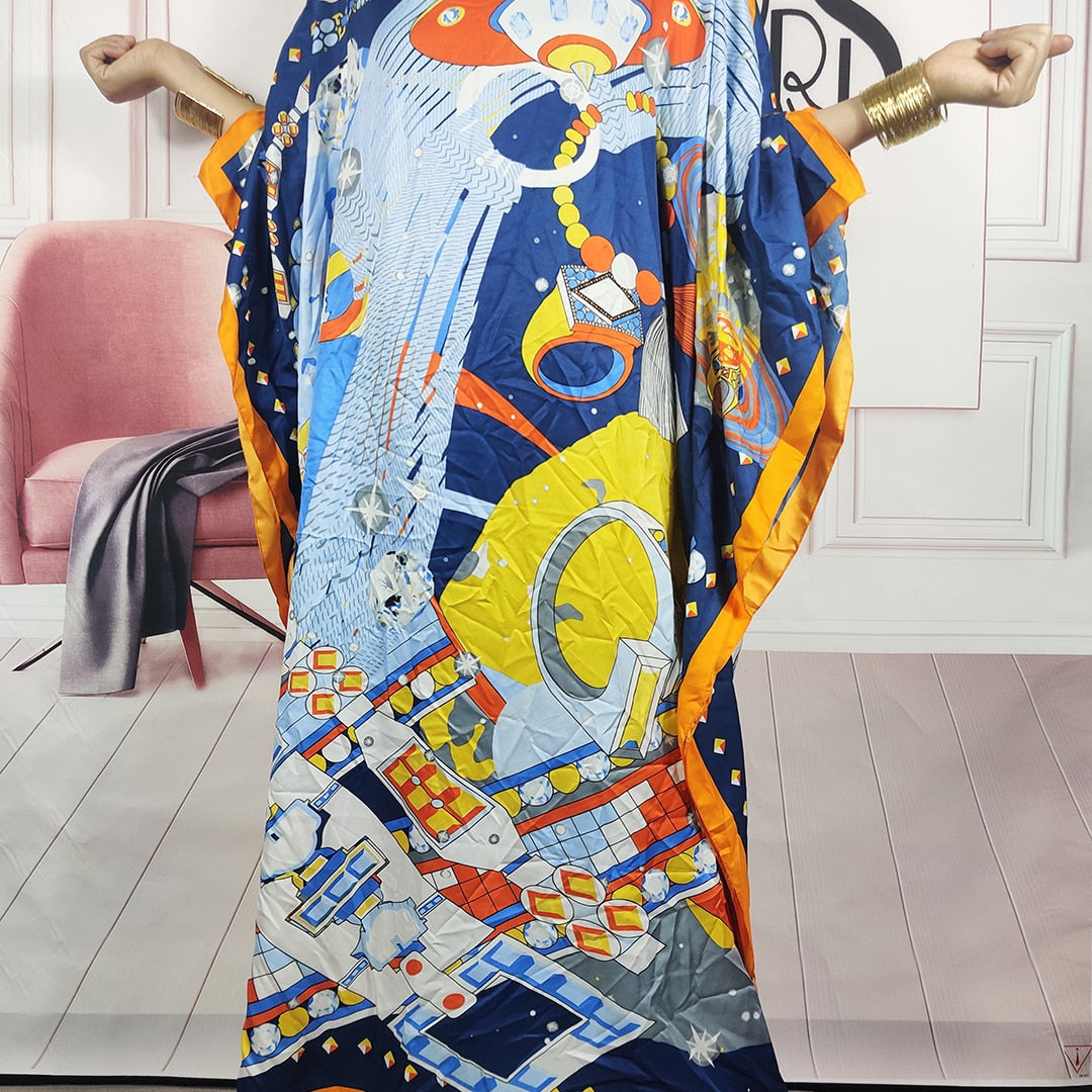 Kuwait Fashion - 2024 Summer Boho Loose Silk Kaftan Maxi Dress Oversized African Muslim Lady Abaya color 2 One Size