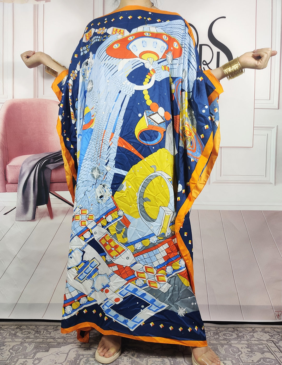 Kuwait Fashion - 2024 Summer Boho Loose Silk Kaftan Maxi Dress Oversized African Muslim Lady Abaya color 2 One Size