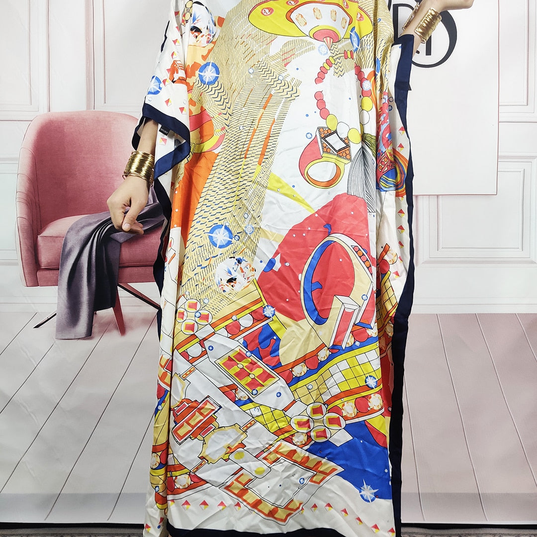Kuwait Fashion - 2024 Summer Boho Loose Silk Kaftan Maxi Dress Oversized African Muslim Lady Abaya color 6 One Size