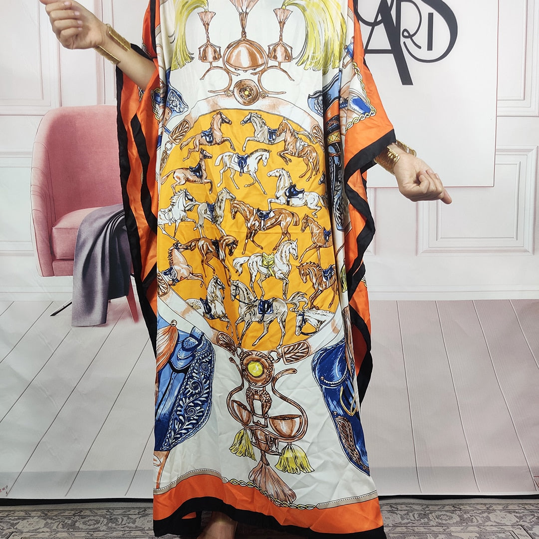 Kuwait Fashion - 2024 Summer Boho Loose Silk Kaftan Maxi Dress Oversized African Muslim Lady Abaya color 11 One Size