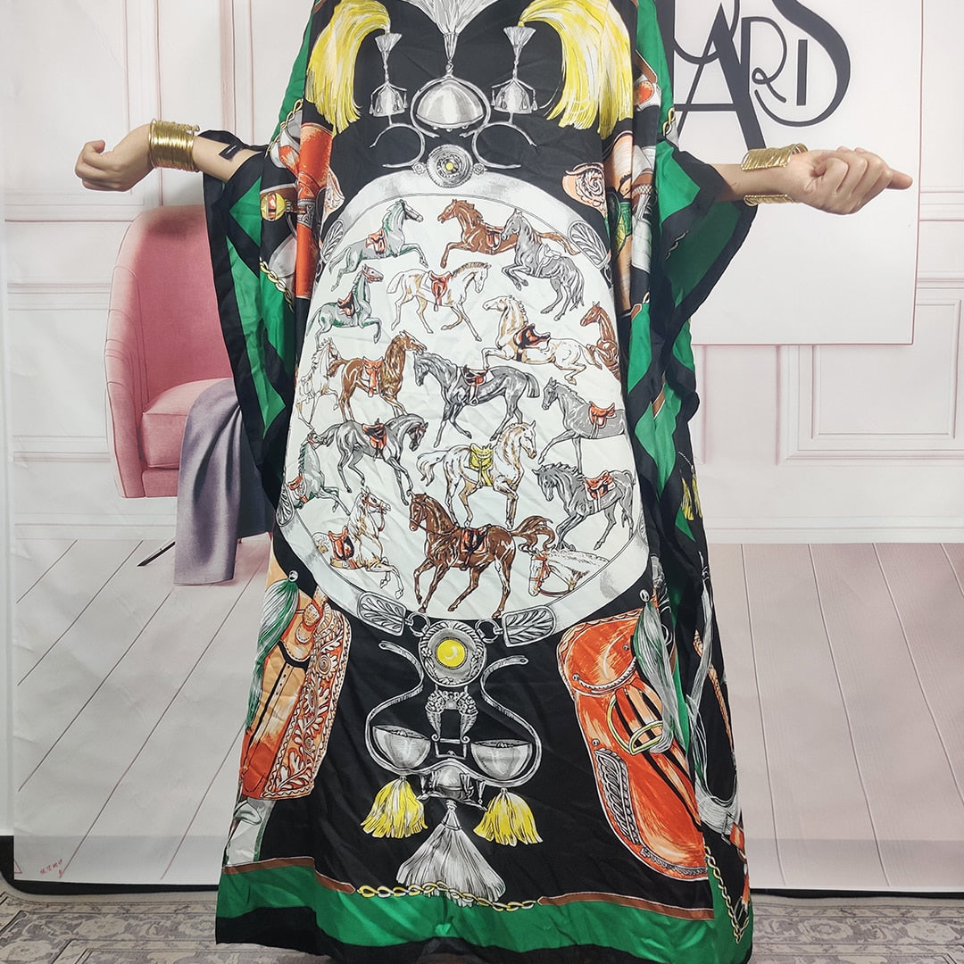 Kuwait Fashion - 2024 Summer Boho Loose Silk Kaftan Maxi Dress Oversized African Muslim Lady Abaya