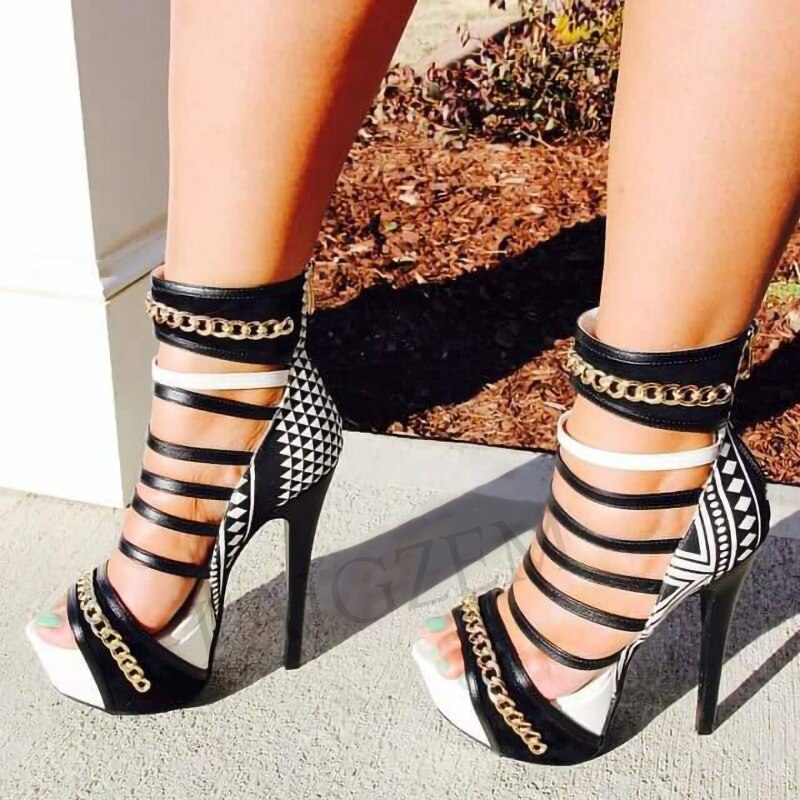 LAIGZEM FASHION Women Multi Colors Platform Sandals Back Zip Stiletto Chains Sandalia Shoes Ladies Woman Large Size 34-52