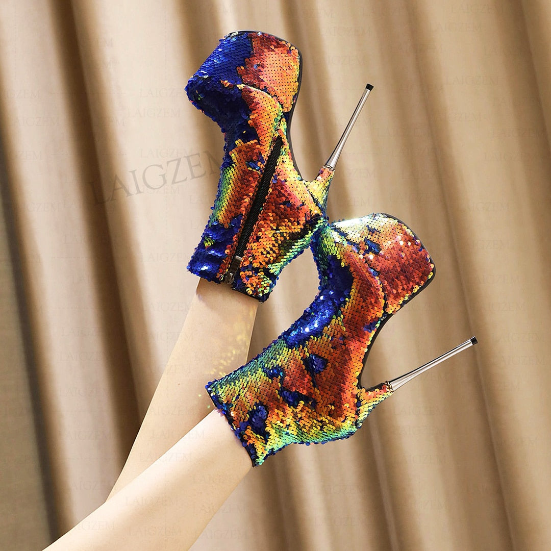 LAIGZEM Women Ankle Boots Side Zip Bling Glitter Metal Stiletto High Heels Booties Club Cosplay Shoes Woman Big Size 38 41 42 43