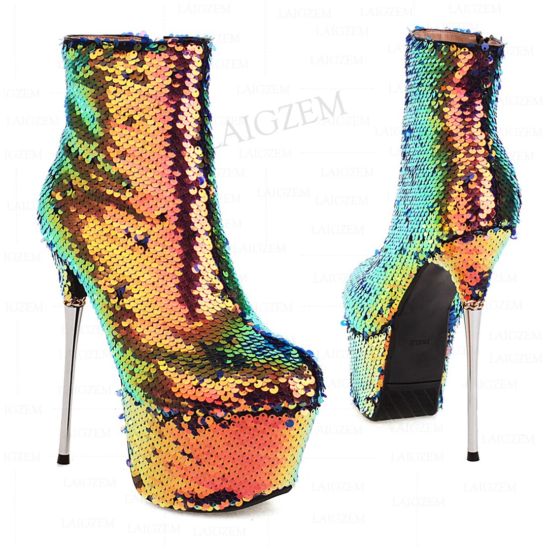 LAIGZEM Women Ankle Boots Side Zip Bling Glitter Metal Stiletto High Heels Booties Club Cosplay Shoes Woman Big Size 38 41 42 43