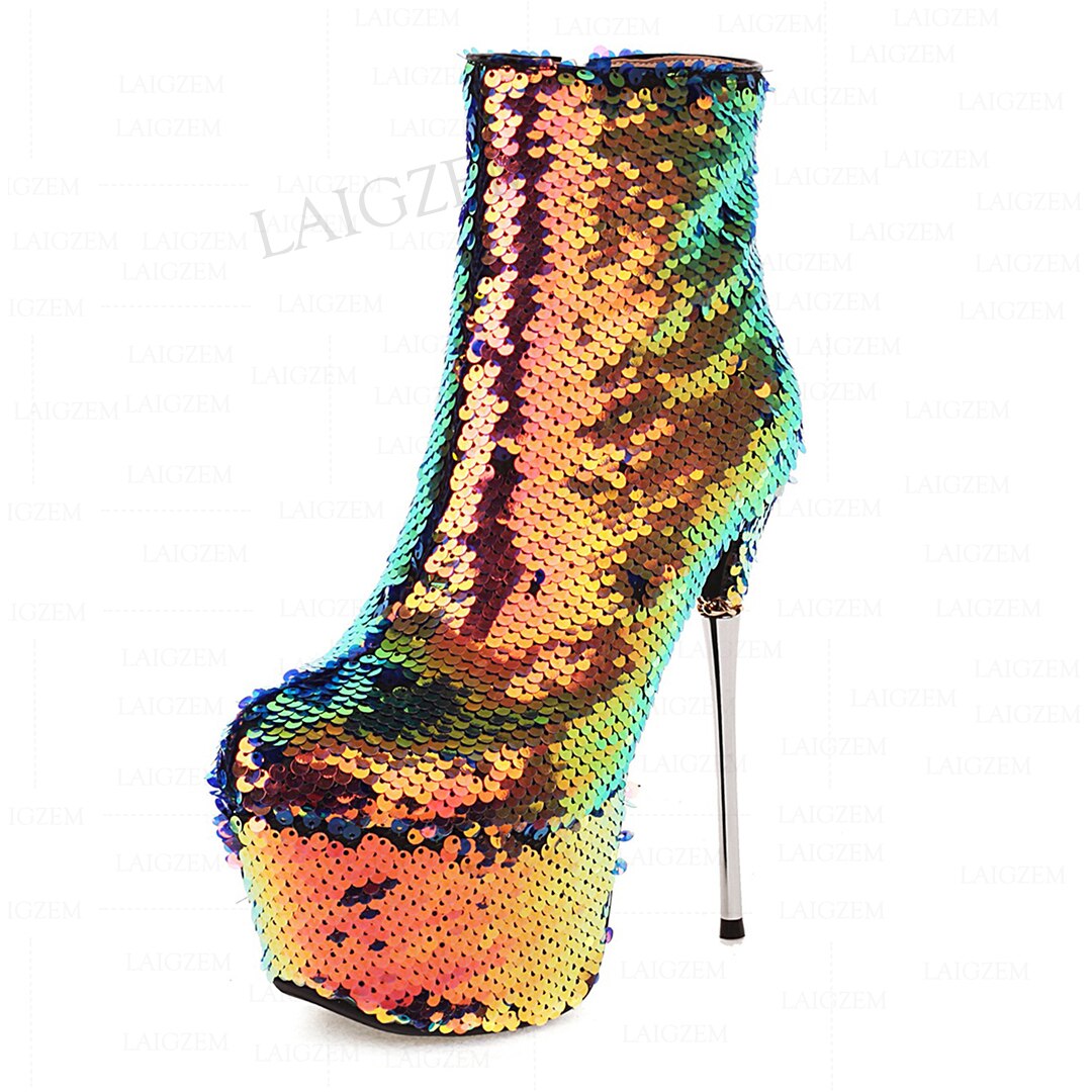 LAIGZEM Women Ankle Boots Side Zip Bling Glitter Metal Stiletto High Heels Booties Club Cosplay Shoes Woman Big Size 38 41 42 43 LGZ2934 Gold