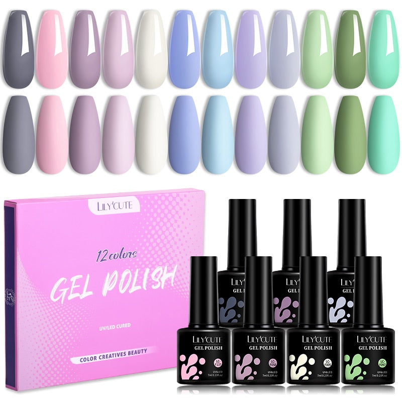LILYCUTE 12PCs 7ml Spring Macaron Nail Gel Polish Set Semi Permanent UV Gel For Manicure Soak Off Gel Nail Polish Kit Varnishes 56874-4
