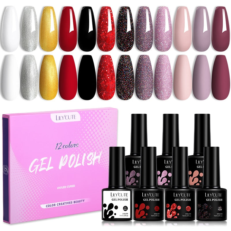 LILYCUTE 12PCs 7ml Spring Macaron Nail Gel Polish Set Semi Permanent UV Gel For Manicure Soak Off Gel Nail Polish Kit Varnishes 56348-6