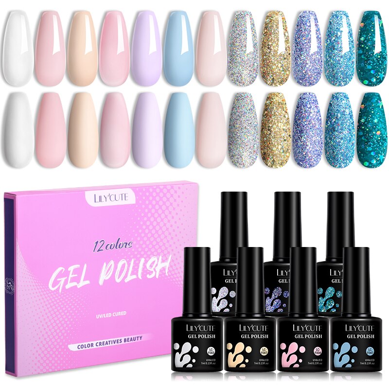 LILYCUTE 12PCs 7ml Spring Macaron Nail Gel Polish Set Semi Permanent UV Gel For Manicure Soak Off Gel Nail Polish Kit Varnishes 56348-5