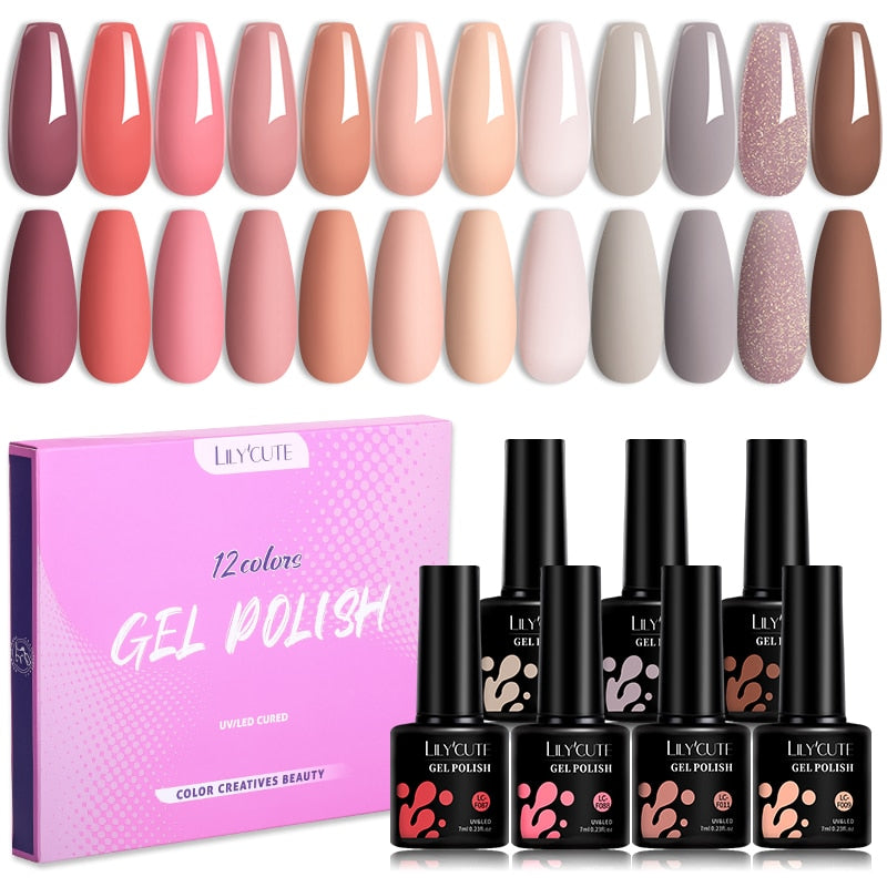 LILYCUTE 12PCs 7ml Spring Macaron Nail Gel Polish Set Semi Permanent UV Gel For Manicure Soak Off Gel Nail Polish Kit Varnishes 56874-5