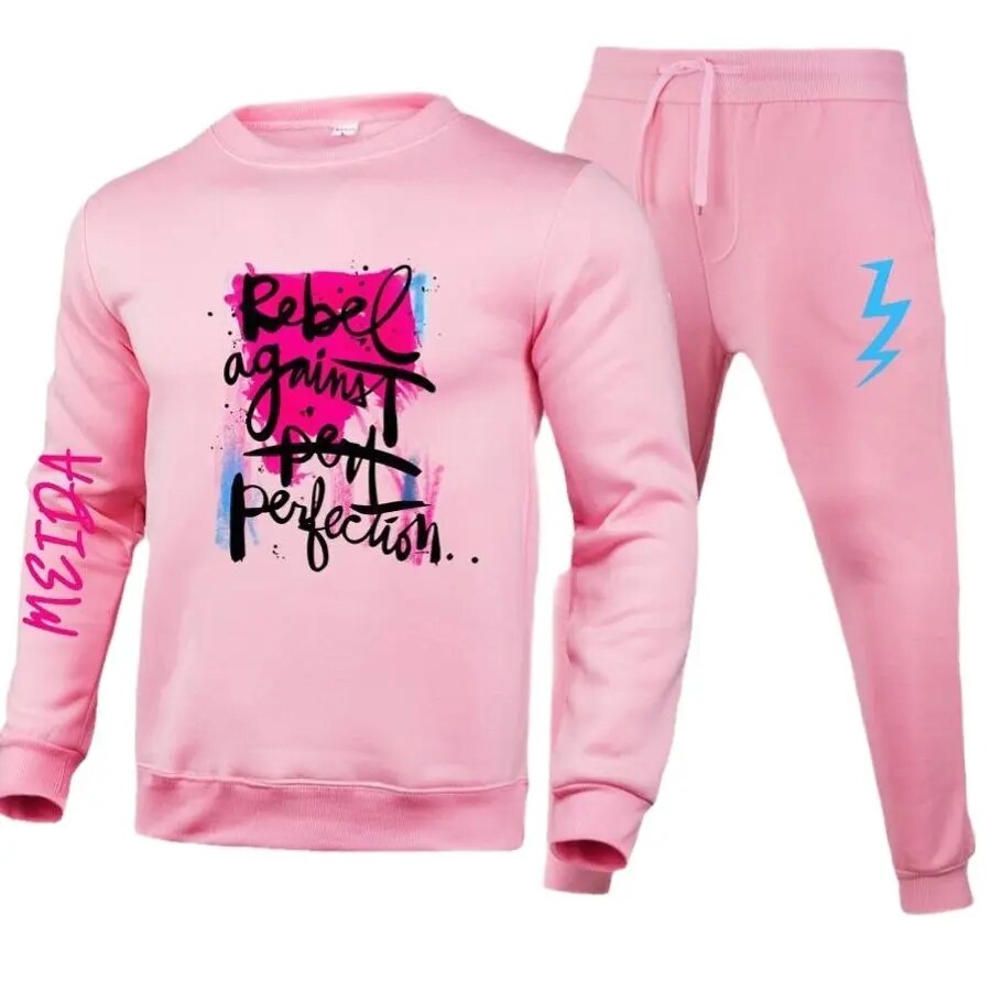 LW Autumn Winter Two Piece For Women Casual Tracksuit Sweatsuit Letter Print Long Sleeve Pants Set Fitness Outfits S to 3XL Pink