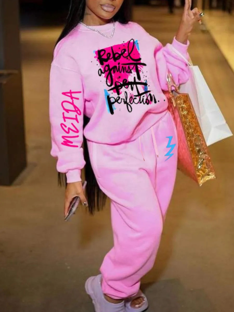 LW Autumn Winter Two Piece For Women Casual Tracksuit Sweatsuit Letter Print Long Sleeve Pants Set Fitness Outfits S to 3XL