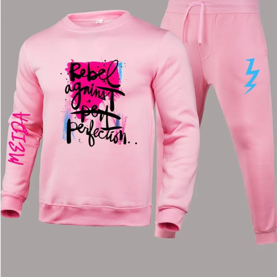 LW Autumn Winter Two Piece For Women Casual Tracksuit Sweatsuit Letter Print Long Sleeve Pants Set Fitness Outfits S to 3XL