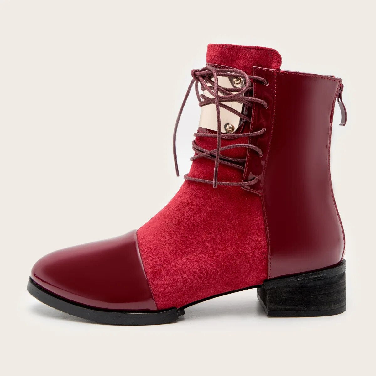 Lace Up Chunky Heel Women's Boots 2024 Autumn Winter Zipper Ankle Boots for Women Leather Splicing Flat Boots Women Chelsea Red