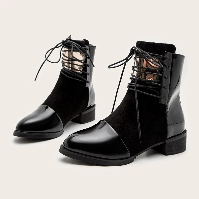 Lace Up Chunky Heel Women's Boots 2024 Autumn Winter Zipper Ankle Boots for Women Leather Splicing Flat Boots Women Chelsea