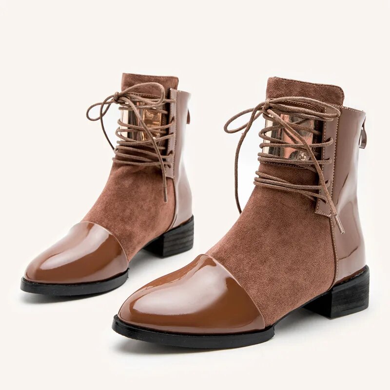 Lace Up Chunky Heel Women's Boots 2024 Autumn Winter Zipper Ankle Boots for Women Leather Splicing Flat Boots Women Chelsea