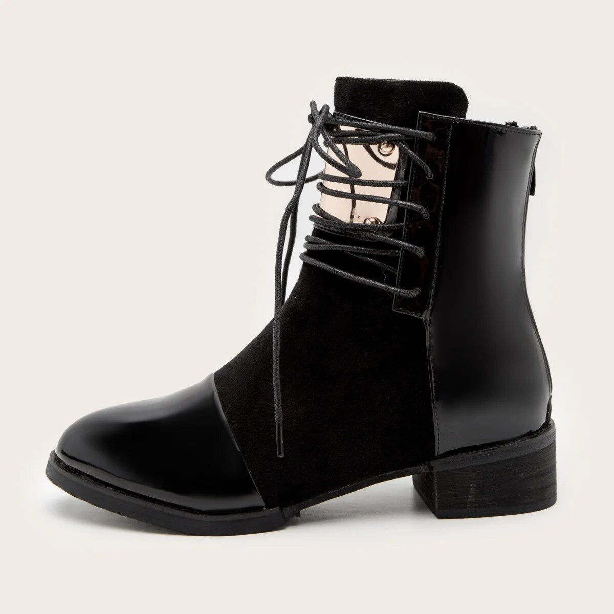 Lace Up Chunky Heel Women's Boots 2024 Autumn Winter Zipper Ankle Boots for Women Leather Splicing Flat Boots Women Chelsea Black