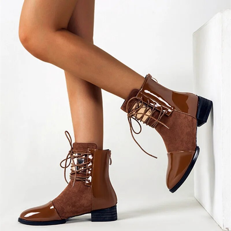 Lace Up Chunky Heel Women's Boots 2024 Autumn Winter Zipper Ankle Boots for Women Leather Splicing Flat Boots Women Chelsea