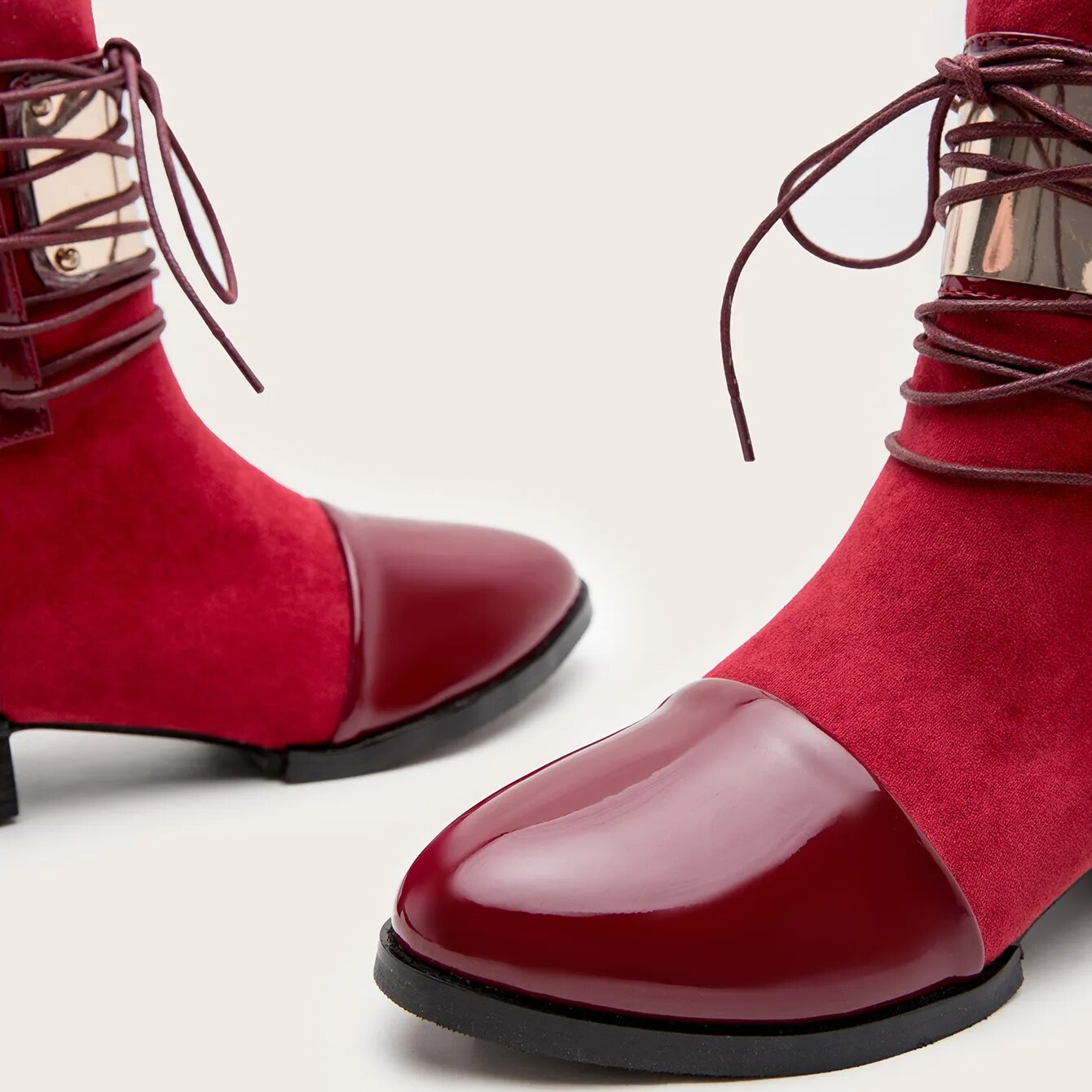 Lace Up Chunky Heel Women's Boots 2024 Autumn Winter Zipper Ankle Boots for Women Leather Splicing Flat Boots Women Chelsea