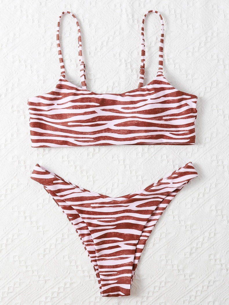 Ladies Fashion Swimwear Two Piece Bikini Red brown bar