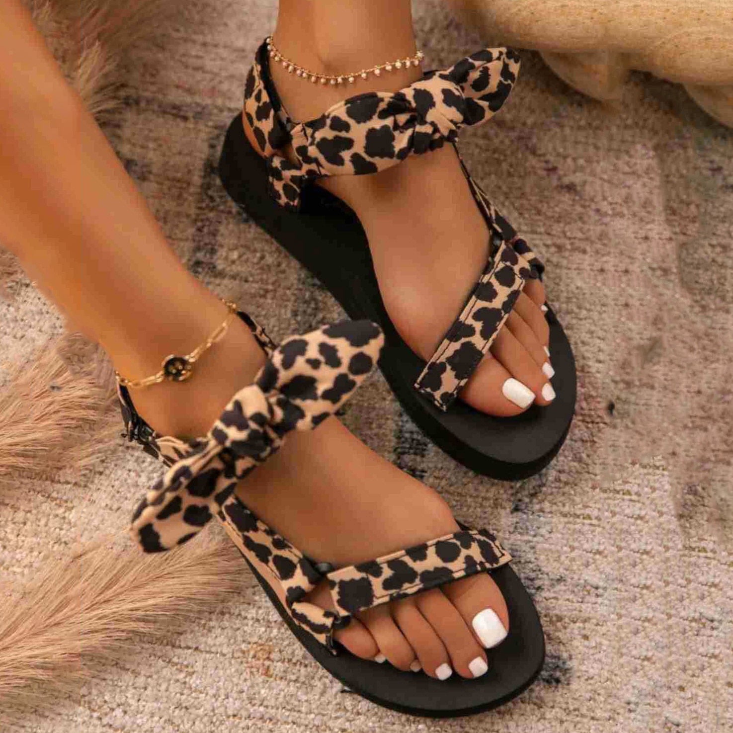 Ladies Flat Sandals Lace Up Bow Platform Shoes for Women 2024 New Summer Fashion Casual Comfy Outdoor Beach Leopard Sandalias leopard footwear