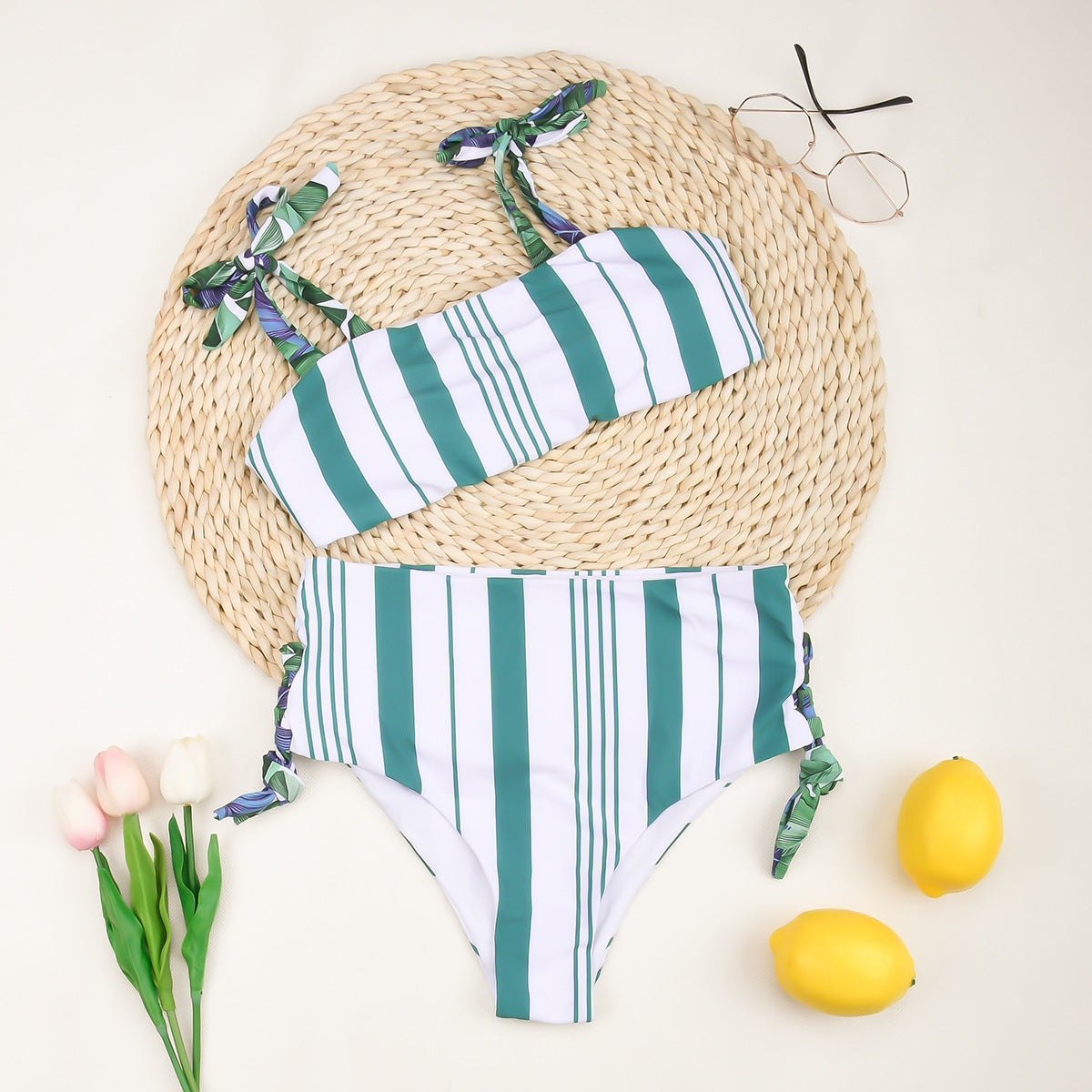 Ladies High Waist Split Striped Swimsuit Blue