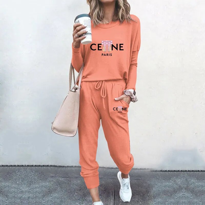Ladies Luxury Fashion Pullover Sweatshirts Pants 2 Piece Sets Daily Home Tracksuits Women Casual Solid Hoodies Sweatpants Suits Orange 2