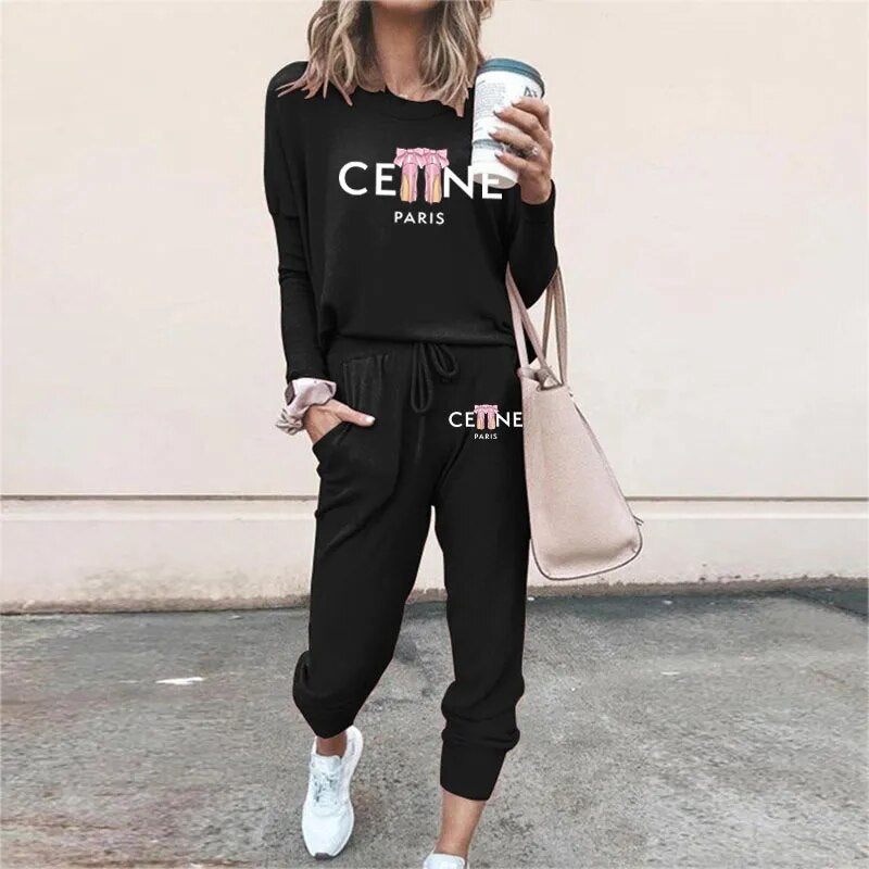 Ladies Luxury Fashion Pullover Sweatshirts Pants 2 Piece Sets Daily Home Tracksuits Women Casual Solid Hoodies Sweatpants Suits Black 2
