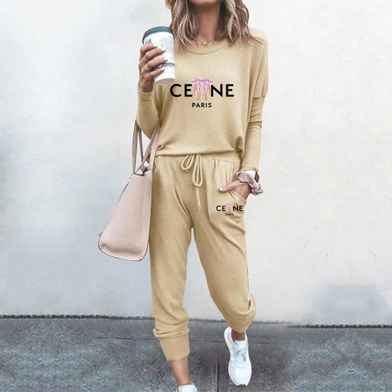 Ladies Luxury Fashion Pullover Sweatshirts Pants 2 Piece Sets Daily Home Tracksuits Women Casual Solid Hoodies Sweatpants Suits Khaki 2