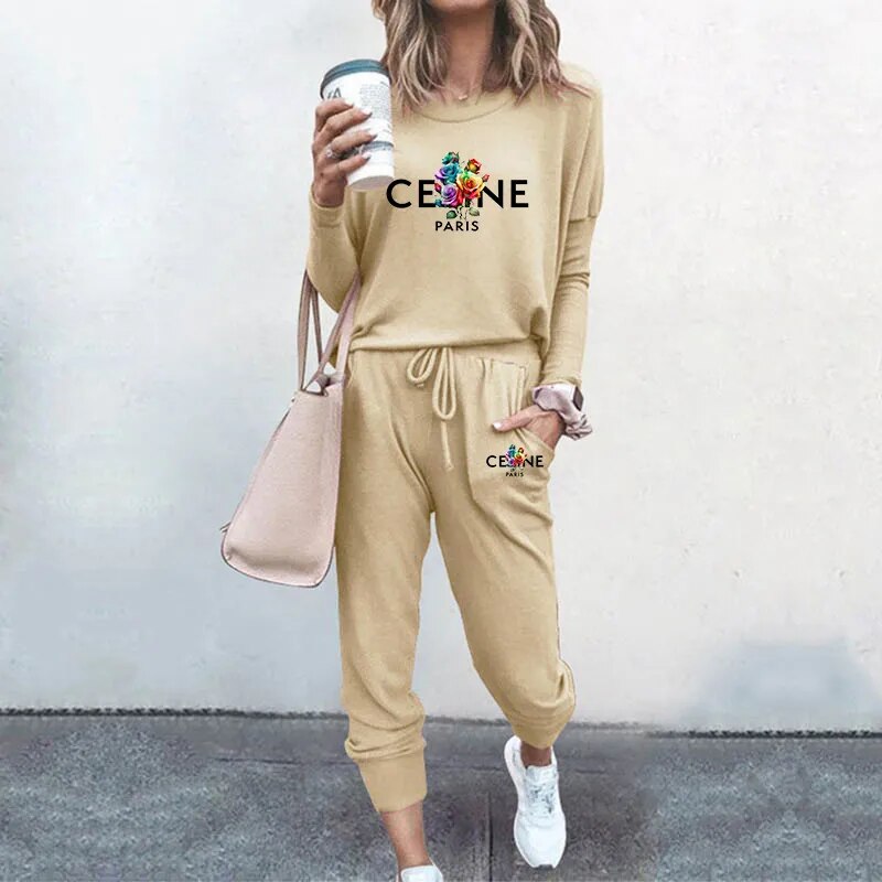 Ladies Luxury Fashion Pullover Sweatshirts Pants 2 Piece Sets Daily Home Tracksuits Women Casual Solid Hoodies Sweatpants Suits Khaki 3