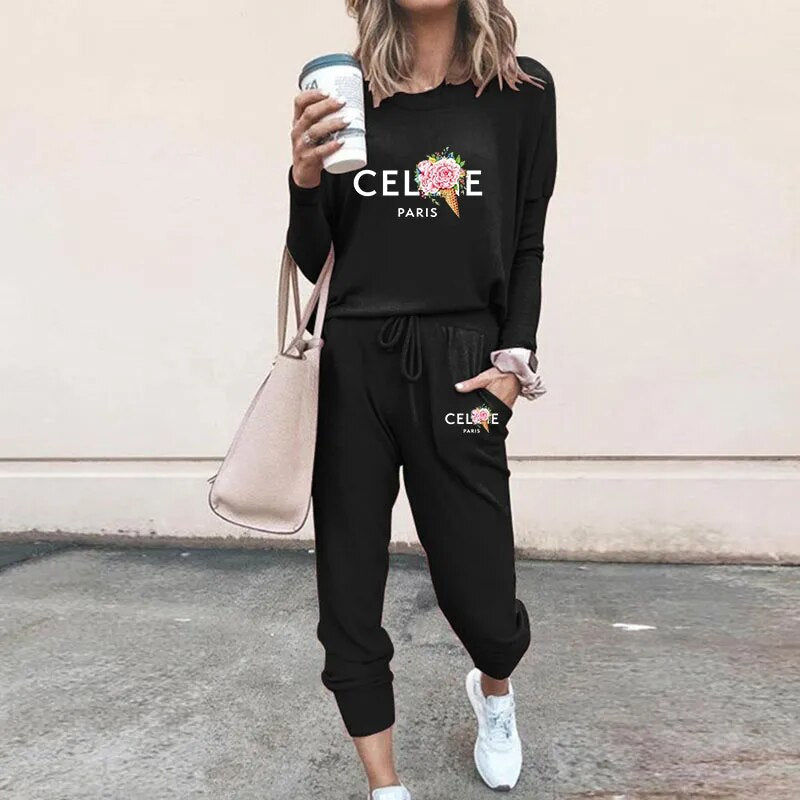 Ladies Luxury Fashion Pullover Sweatshirts Pants 2 Piece Sets Daily Home Tracksuits Women Casual Solid Hoodies Sweatpants Suits