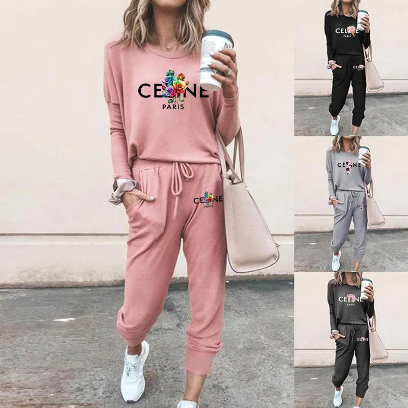 Ladies Luxury Fashion Pullover Sweatshirts Pants 2 Piece Sets Daily Home Tracksuits Women Casual Solid Hoodies Sweatpants Suits AMAIO