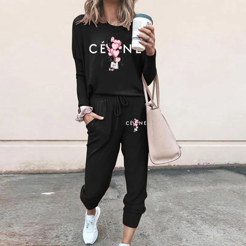 Ladies Luxury Fashion Pullover Sweatshirts Pants 2 Piece Sets Daily Home Tracksuits Women Casual Solid Hoodies Sweatpants Suits Black 1