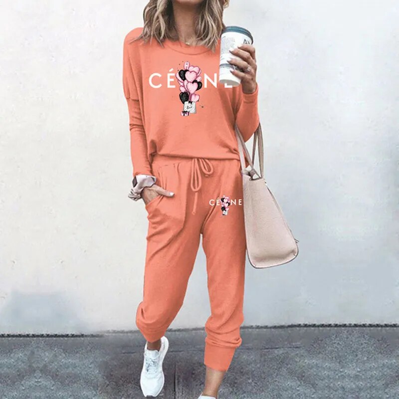 Ladies Luxury Fashion Pullover Sweatshirts Pants 2 Piece Sets Daily Home Tracksuits Women Casual Solid Hoodies Sweatpants Suits Orange 1