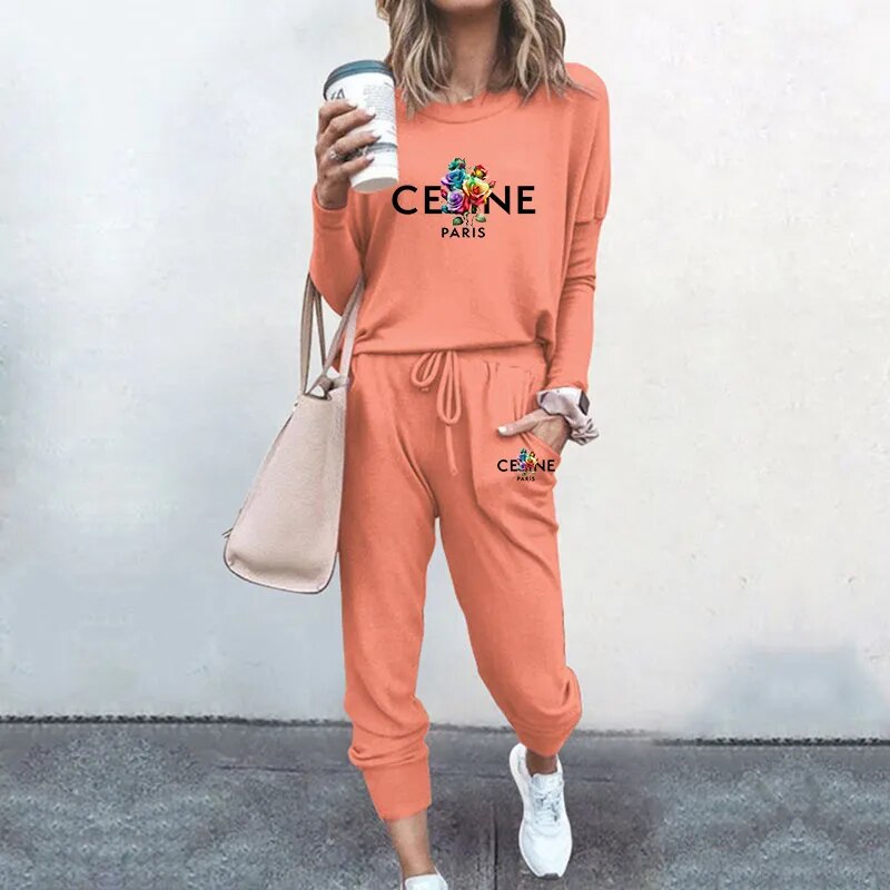 Ladies Luxury Fashion Pullover Sweatshirts Pants 2 Piece Sets Daily Home Tracksuits Women Casual Solid Hoodies Sweatpants Suits Orange 3