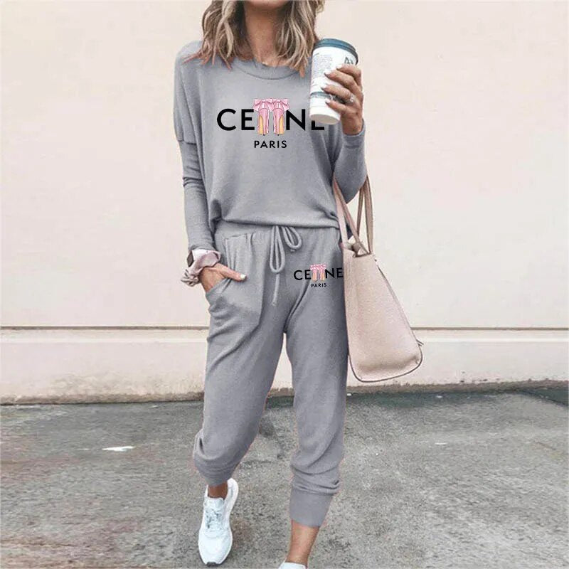 Ladies Luxury Fashion Pullover Sweatshirts Pants 2 Piece Sets Daily Home Tracksuits Women Casual Solid Hoodies Sweatpants Suits Gray 2
