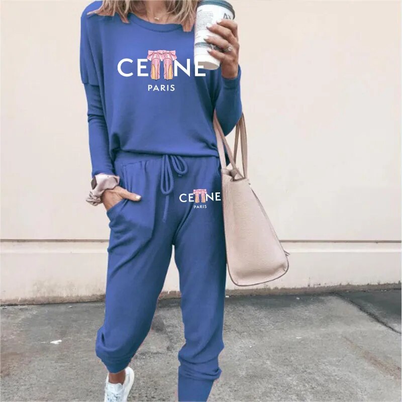 Ladies Luxury Fashion Pullover Sweatshirts Pants 2 Piece Sets Daily Home Tracksuits Women Casual Solid Hoodies Sweatpants Suits Blue 2