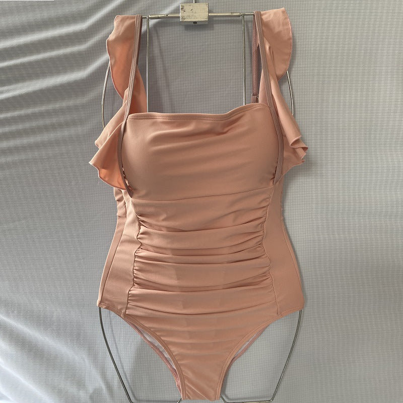 Ladies One-Piece Triangle Solid Color Sweet Ruffle Swimsuit Pink M