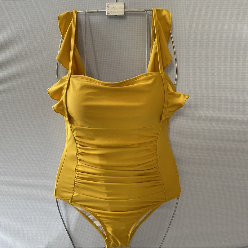 Ladies One-Piece Triangle Solid Color Sweet Ruffle Swimsuit Yellow M