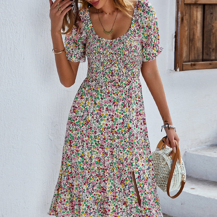 Ladies Sexy Vintage Floral Print Boho Summer Dress Casual Elastic Bohemian