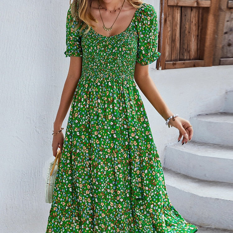 Ladies Sexy Vintage Floral Print Boho Summer Dress Casual Elastic Bohemian Green