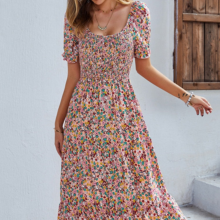 Ladies Sexy Vintage Floral Print Boho Summer Dress Casual Elastic Bohemian