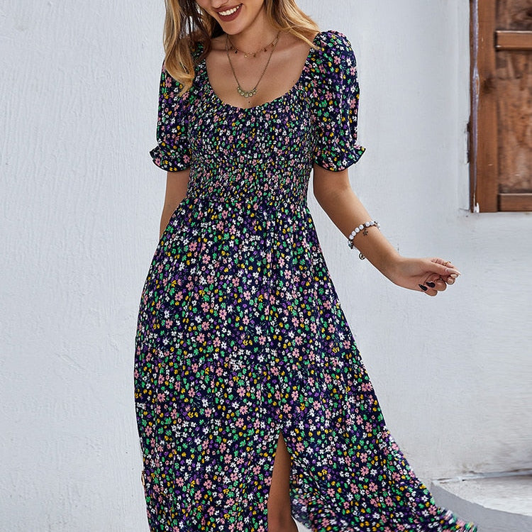 Ladies Sexy Vintage Floral Print Boho Summer Dress Casual Elastic Bohemian