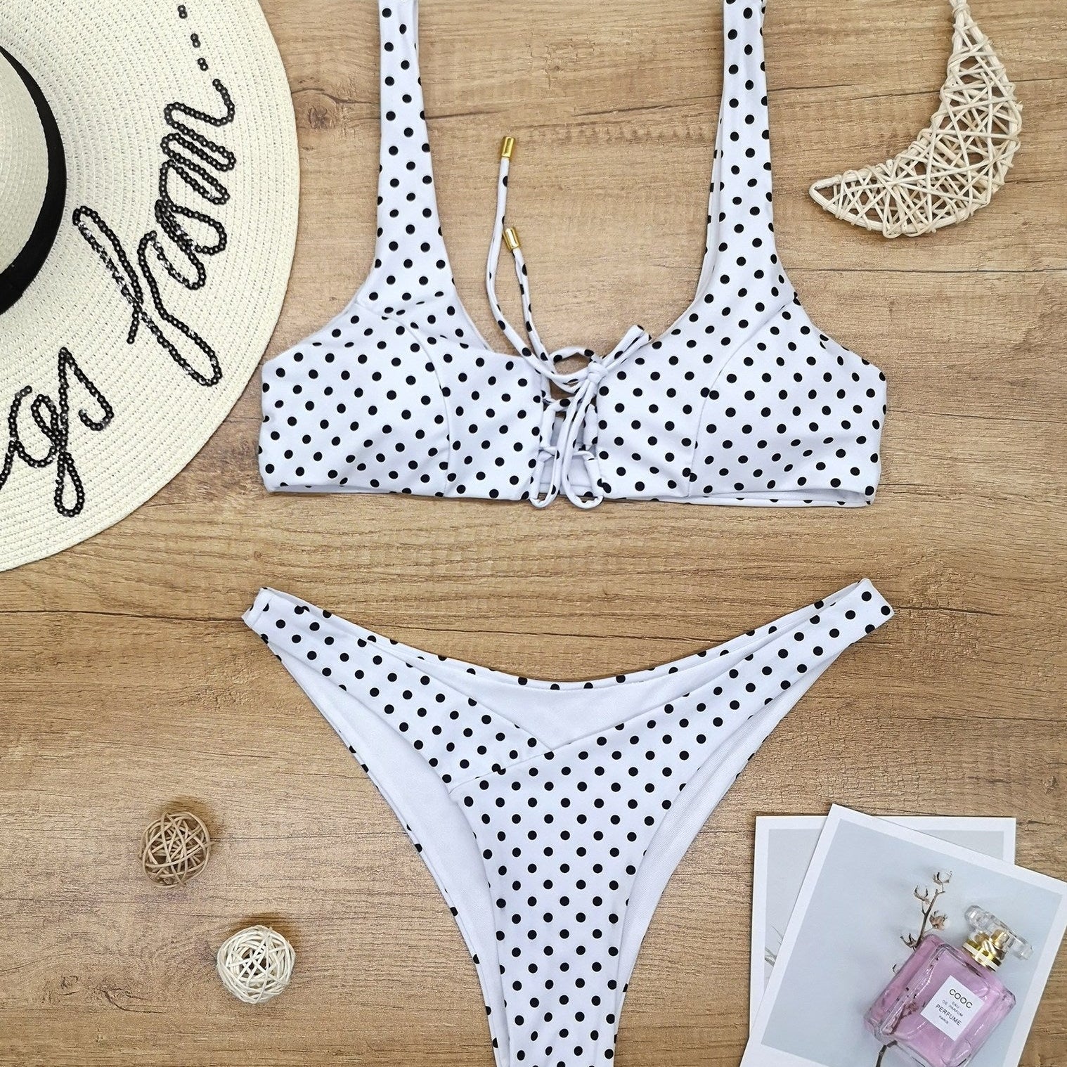 Ladies Split Polka Dot Print Swimsuit Swimwear White