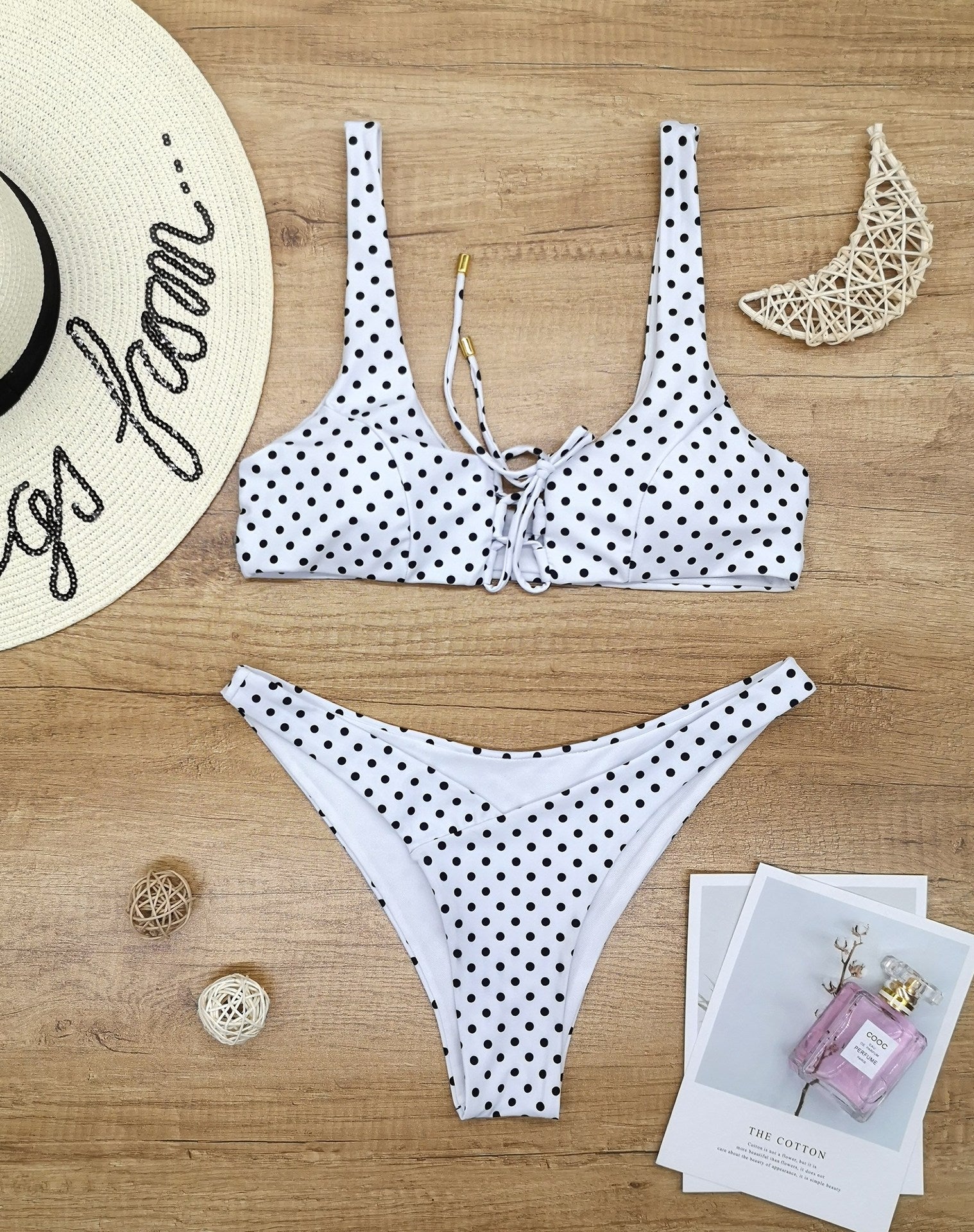 Ladies Split Polka Dot Print Swimsuit Swimwear White