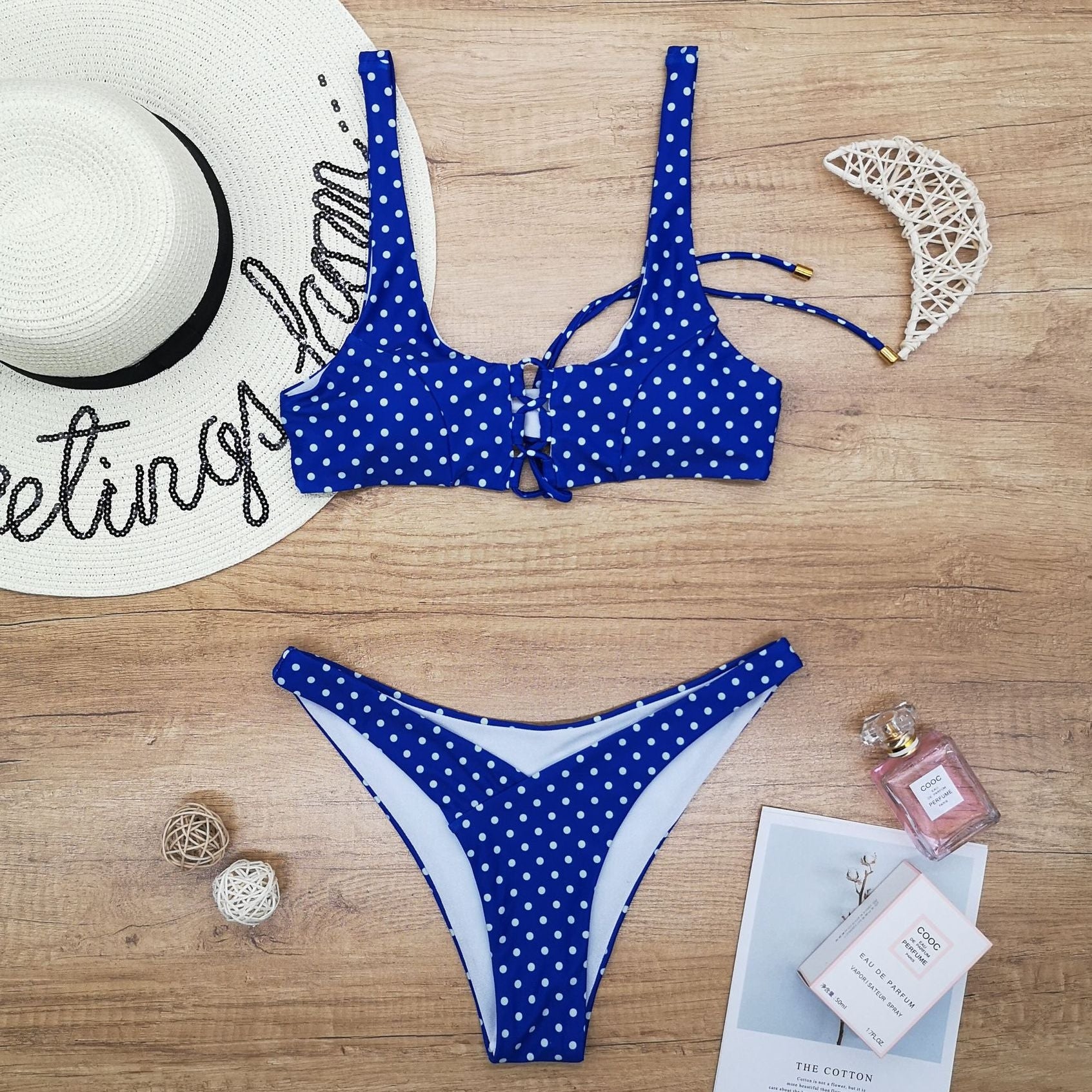 Ladies Split Polka Dot Print Swimsuit Swimwear Blue