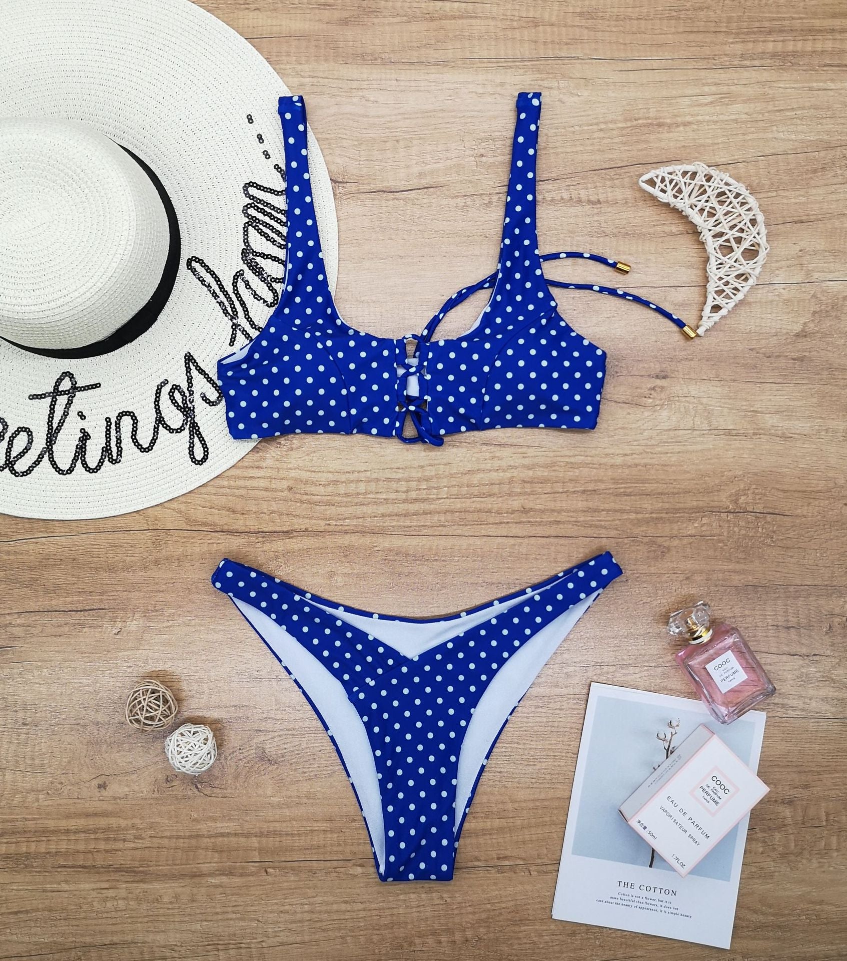 Ladies Split Polka Dot Print Swimsuit Swimwear Blue
