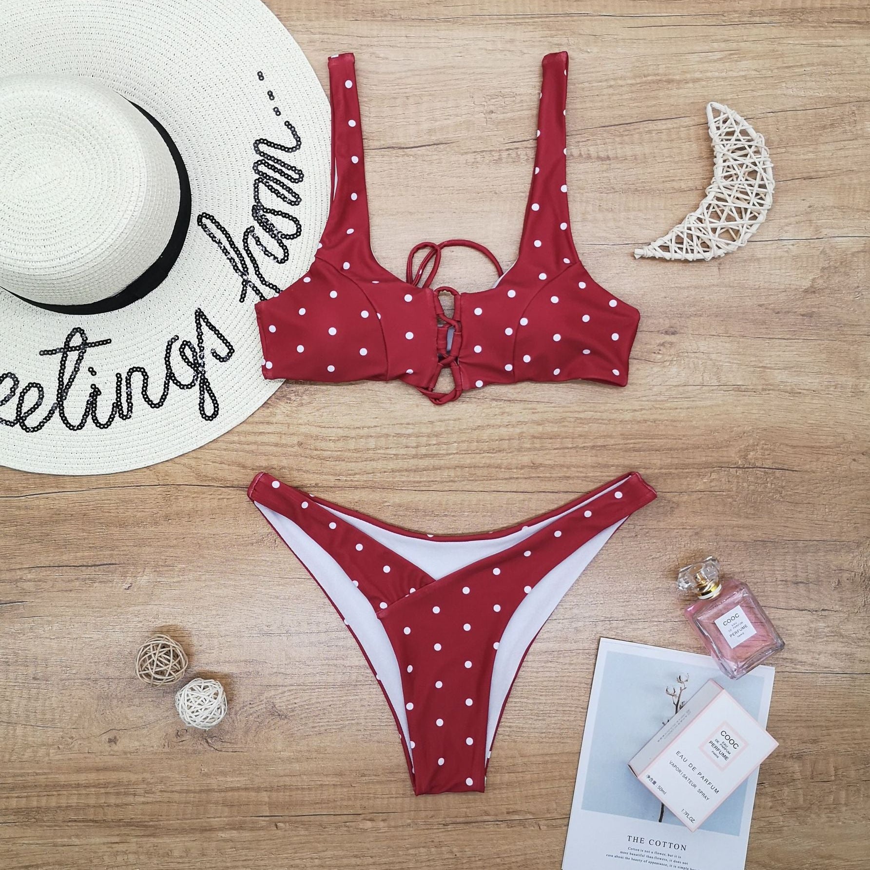Ladies Split Polka Dot Print Swimsuit Swimwear Red